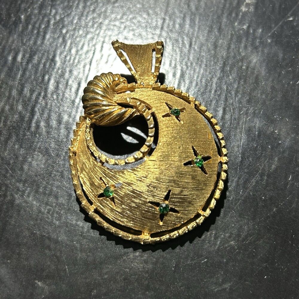 Vintage Textured Gilt & Small Green Rhinestone Stylized Floral Brooch